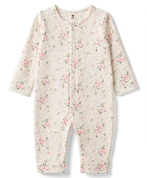 ToffyHouse Knitted Full Sleeves
                              Floral Printed Romper - Beige