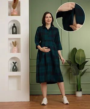 NIGHTSPREE Cotton Woven Three Fourth
                              Sleeves Checked Maternity Dress With Side
                              Zipper Nursing Access - Green