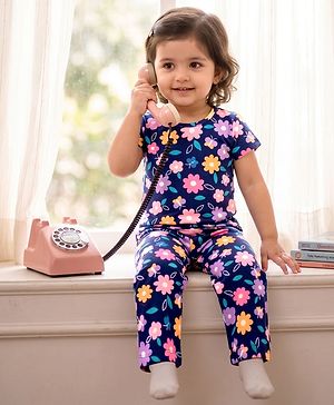 Babyhug 100% Cotton Knit Half Sleeves T-Shirt & Pyjama Co-ord Night Suit with Floral Print - Navy Blue
