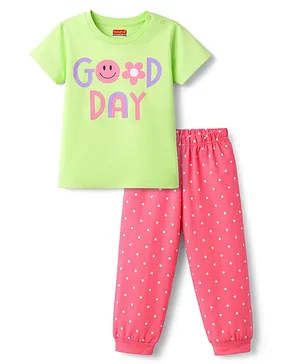 Babyhug Cotton Knit Half Sleeves
                              T-Shirt & Pyjama Night Suit With Polka
                              Dots Print & Text Print - Green &
                              Pink