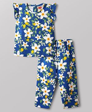 Babyhug 100% Cotton Knit Half Sleeves Co-Ord Top & Pyjama Night Suit With Floral Print - Blue
