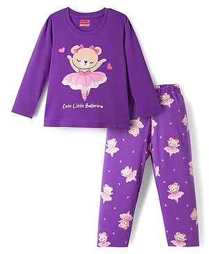 Babyhug 100% Cotton Knit Full Sleeves Bear Printed T-Shirt & Pajama Night Suit -Purple