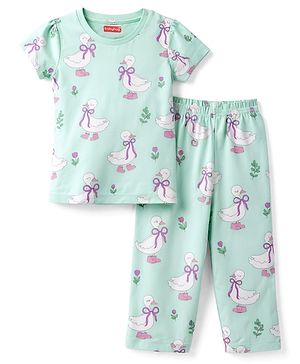Babyhug 100% Cotton Knit Half Sleeves T-Shirt & Pyjama Co-ord Night Suit with Duck Print - Sea Green