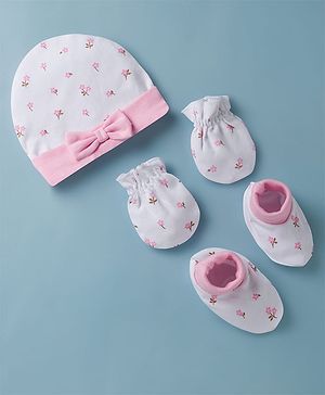 Babyhug 100% Cotton Interlock Knit Cap Mittens & Booties Set With Floral Print & Bow Applique White - Diameter 14 cm