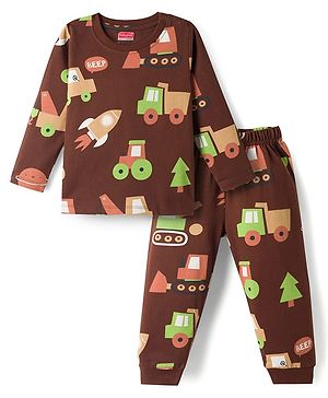Babyhug Cotton Knit Full Sleeves Co Ord T-Shirt & Pyjama Night Suit Space Print - Brown