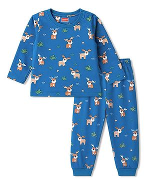 Babyhug 100% Cotton Knit Full Sleeves Reindeer Printed Co-Ords T-Shirt & Pyjama Night Suit - Blue