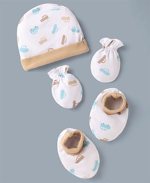 Babyhug 100% Cotton Interlock Knit Cap Mittens & Booties with Vehicle Print White & Beige - Diameter 12 cm