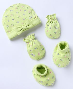 Babyhug 100% Cotton Interlock Knit Caps Mittens & Booties with Bow Applique & Floral Print Light Green - Diameter 15 cm