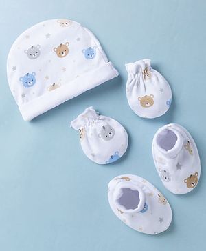 Babyhug 100% Cotton Interlock Knit Cap Mittens & Booties Set With Teddy Bear Print White -Diameter 10.5 cm