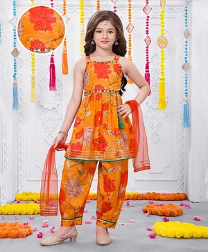 Joy Cotton Cotton Woven Sleeveless
                              Floral Embroidered & Printed Kurti
                              & Salwar With Dupatta Set - Orange