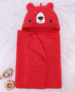 Babyhug Cotton Knit Microfiber Hooded Towel With Bear Embroidery L 74 x B 74 cm - Red