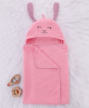 Babyhug Cotton Knit Microfiber Hooded Towel With Bear Embroidery L 76 X B 76 cm - Pink