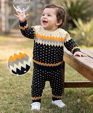 Babyhug Knit Full Raglan Sleeves Chevron Designed Sweater Set - Navy
