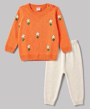 Babyhug Knit Full Sleeves Floral Embroidered Sweater Set - Orange