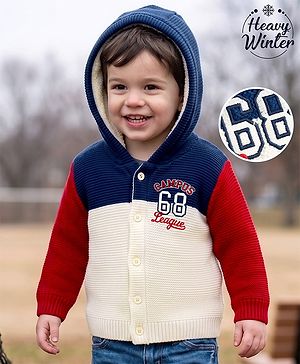 Babyhug Knit Full Sleeves Hooded Sweater with Colour Block & Text Design - Navy