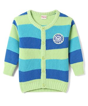 Babyhug Knit Full Sleeves Front Open Striped Sweater - Blue
