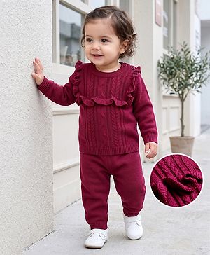 Babyhug Knit Full Sleeves Solid Colour Cable Knit Designed Sweater Set - Wine