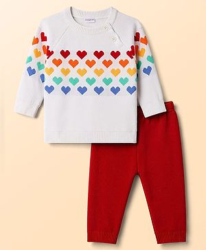 Babyhug Knitted Raglan Sleeves Sweater Set With Heart Design - Red