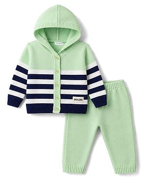 Babyhug Knitted Full Sleeves Striped Hooded Sweater Set - Green & Navy Blue