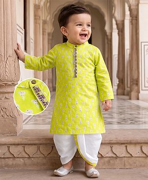 Babyhug 100% Cotton Cambric Woven Full Sleeves Mandarin Collared Kurta & Dhoti Set With Floral Print - Limegreen