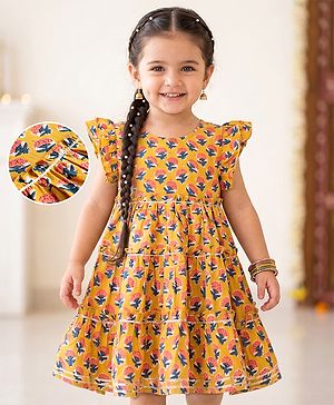 Babyhug 100% Cotton Cambric Woven Sleeveless Ethnic Printed Dress - Mustard