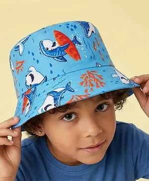Vritraz Cotton Woven Surfer Shark Printed Bucket Hat - Blue - Circumference - 52 - 56 Cms