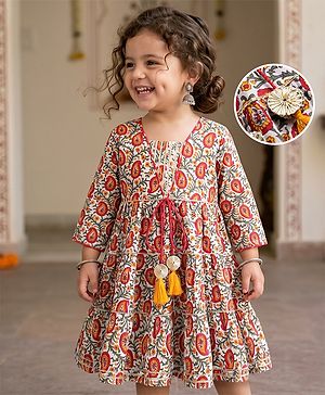 Babyhug 100% Cotton Cambric Ethnic Dresses with 3/4th Sleeves and Paisley Print in Offwhite for New born