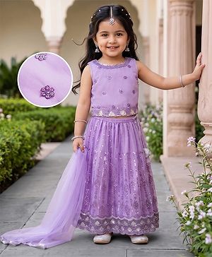 Babyhug Net Woven Sleeveless Floral Sequinned Choli Lehenga Set With Dupatta - Lavender