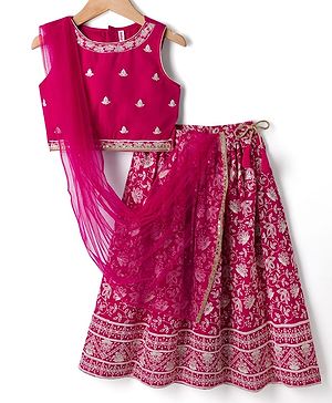 Babyhug Net Woven Sleeveless  Lehenga Choli Set With Dupatta & Floral Embroidery - Fuschia
