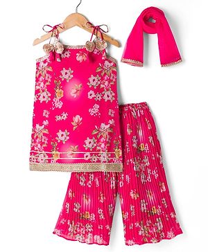 Babyhug Georgette Woven Sleeveless Floral Printed Kurti Palazo Set with Dupatta -  Fuchsia