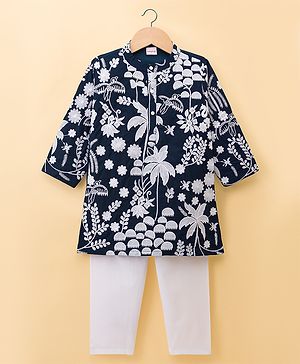 Babyhug Chanderi Woven Full Sleeves Kurta Pyjama Set with Floral Embroidery - Navy Blue