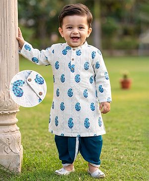 Babyhug Cambric Woven Full Sleeves Floral Kolka Dobby Printed Kurta Dhoti Set - Off White