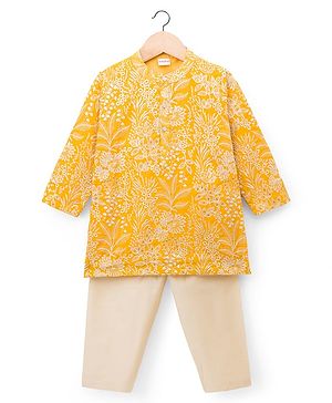 Babyhug Chanderi Woven Full Sleeves Kurta Pyjama Set With Floral Embroidery - Yellow