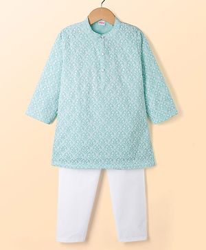 Babyhug Woven Full Sleeves Embroidered Kurta & Pyjama Set - Light Blue