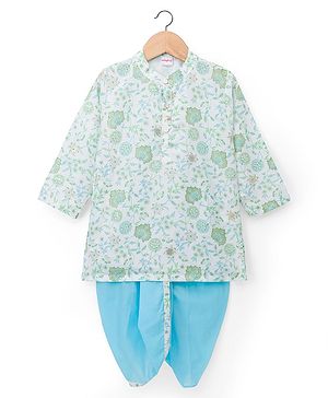 Babyhug Cambric Woven Full Sleeves Kurta Dhoti Set With Floral Print - Green
