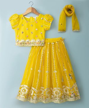 Babyhug Woven Half Sleeves Sequinned & Embroidered Choli Lahenga Set with Dupatta - Yellow