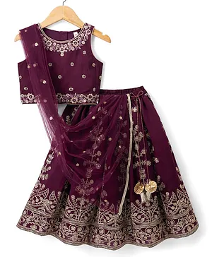 Babyhug Chanderi Woven Sleeveless
                              Embroidered Lehenga Choli Set &
                              Dupatta With Sequin Detailing - Wine