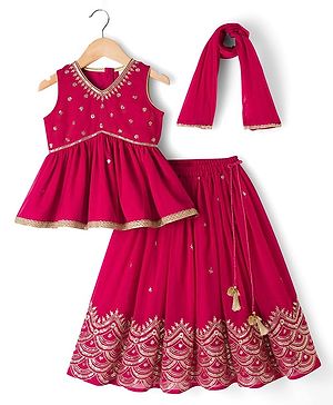 Babyhug Georgette Woven  Sleeveless Choli Lahenga Dupatta Set with Sequinned Detailing - Dark Pink