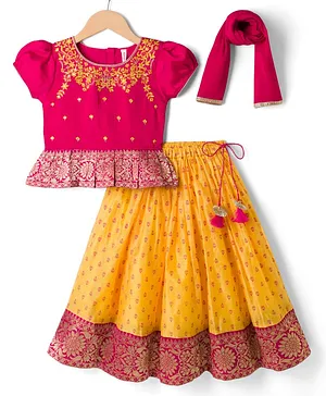 Babyhug Woven Half Sleeves Floral
                              Embroidered & Printed Pattu Pavada
                              Lehenga Choli Set With Dupatta - Yellow
                              & Fuchsia