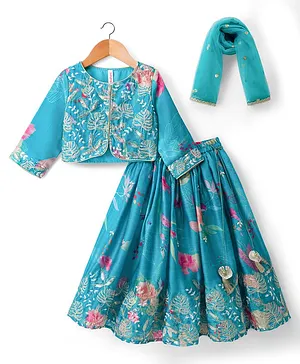 Babyhug Chanderi Woven Full Sleeves
                              Embroidered Lehenga Choli Set &
                              Dupatta With Floral Print & Sequin
                              Detailing - Teal Blue