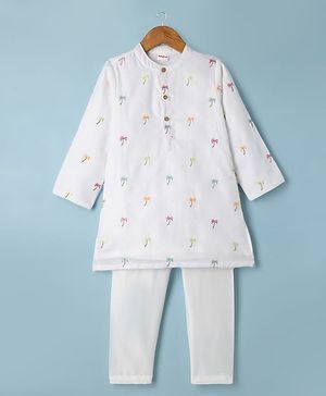 Babyhug Woven Kurta Pyjama Set with Full Sleeves and Palm Tree Embroidery in Offwhite for 6-9 Months