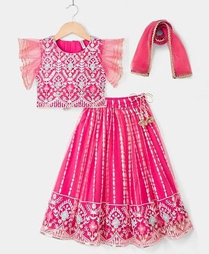 Babyhug Net Woven Frill Sleeves Lehenga Choli & Dupatta With Floral Embroidery & Sequin Detailing - Pink
