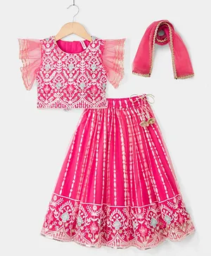 Babyhug Net Woven Frill Sleeves
                              Lehenga Choli & Dupatta With Floral
                              Embroidery & Sequin Detailing - Pink