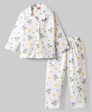 Babyhug 100% Cotton Knit Full Sleeves Co-Ords Koala Printed Shirt & Pajama Night Suit -White