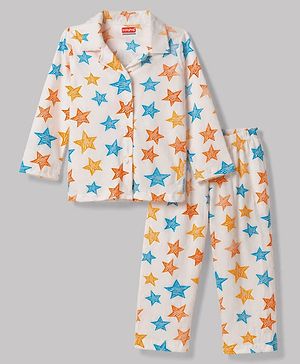 Babyhug 100% Cotton Knit Full Sleeves Star Printed Co-Ords Shirt & Pyjama Night Suit - White