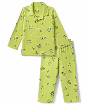 Babyhug Cotton Knit Full Sleeves Shirt & Pyjama Co-ords Night Suit With Star Print - Green