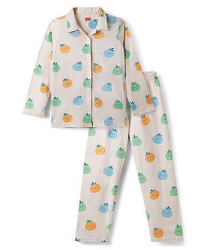 Babyhug 100% Cotton Knit Full Sleeves Co Ord Shirt & Pyjama Night Suit Fruit Print - Cream