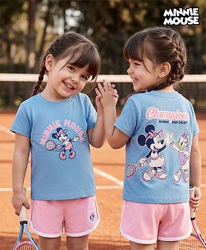 Babyhug Disney Single Jersey Knit Half Sleeves T-Shirt & Shorts Night Suit with Minnie Mouse Graphics - Light Blue