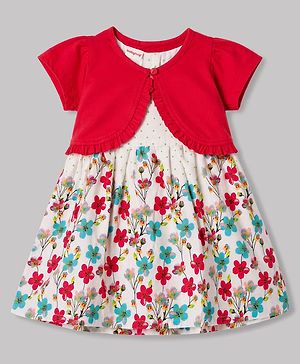 Babyhug Cotton Woven Floral Printed Frock with Half Sleeves Shrug - White & Red
