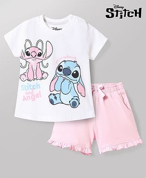 Babyhug Disney Single Jersey Knit Half Sleeves T-Shirt & Shorts Night Suit with Stitch & Angel Graphics - Multicolor